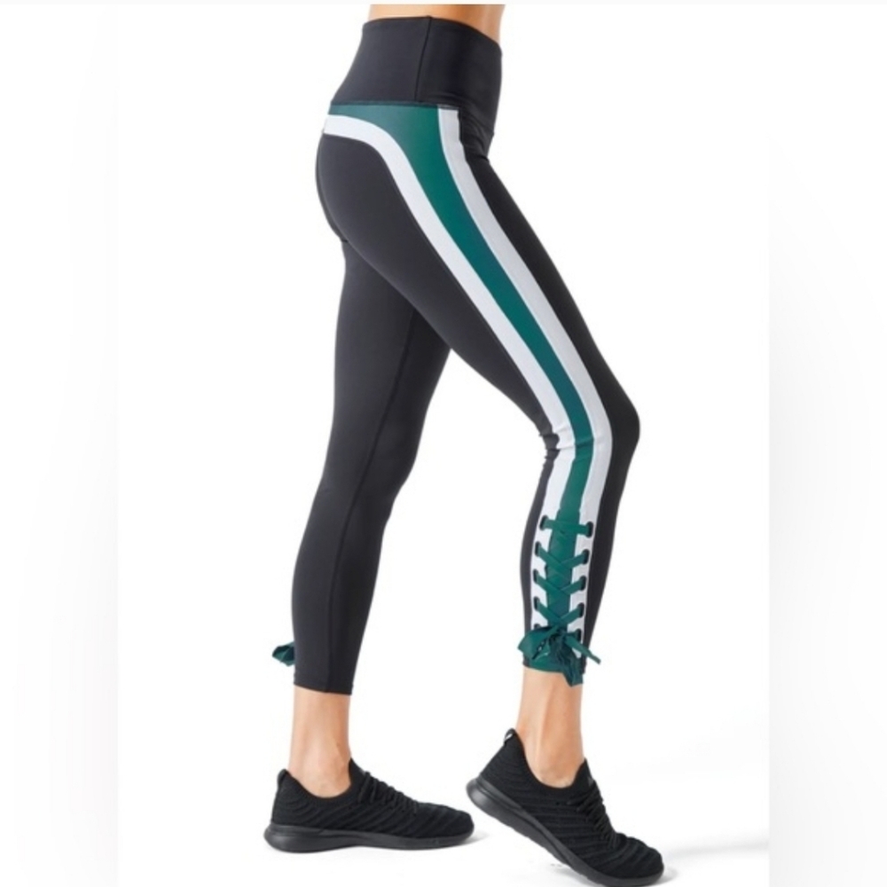 💛 Urban Savage‎ Black Leggings with White and Green Stripes. Size XL